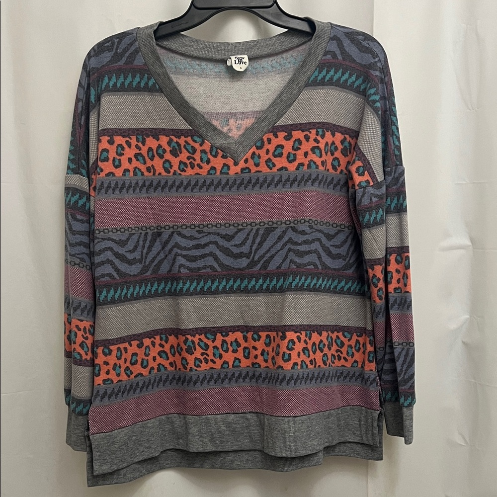 Sew In Love Multicolor Animal PrintLong Sleeve  V-Neck Top